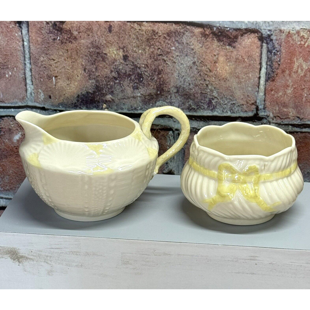 Vintage Belleek Pottery Ireland Sugar & Creamer Set Yellow Lustre Sea Shell Bow